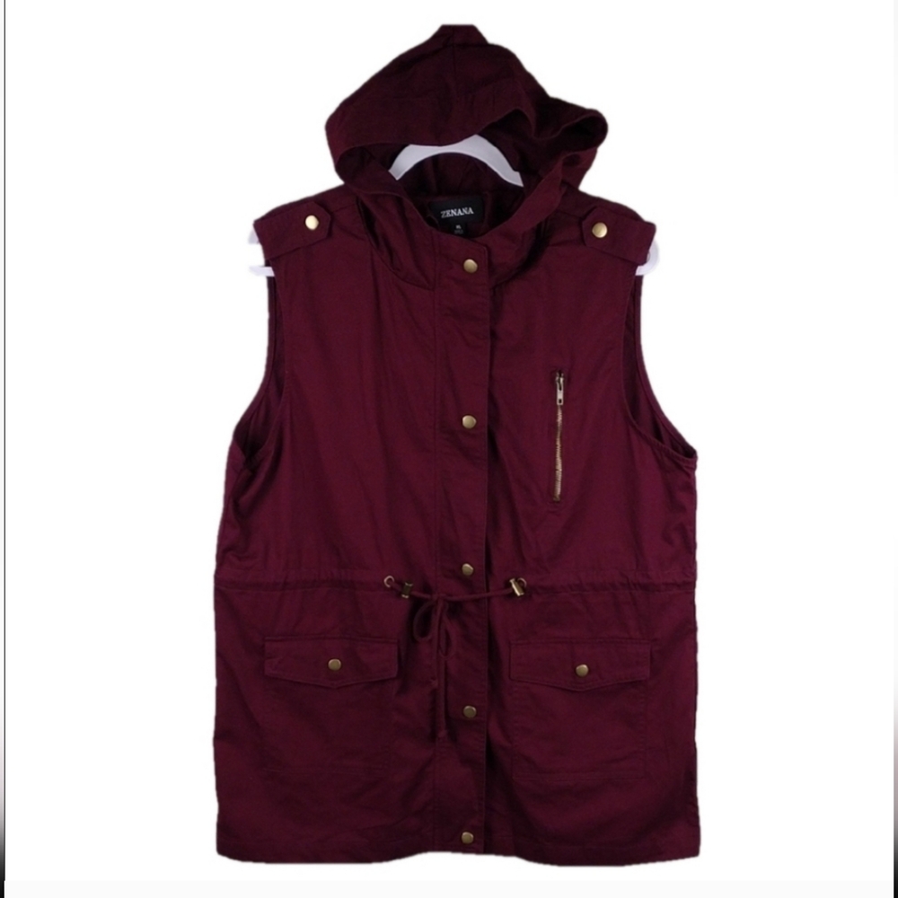Zenana Red Burgundy Sleeveless Mid Length Utility Jacket Xl
